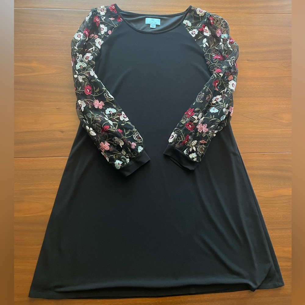 CeCe Black Mid Length dress with Sheer Floral Long Sleeves